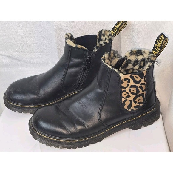 Dr. Martens Other - Doc Martens Girls Black Boots Faux Leopard Fur Leonore 2976 Size EU 36 US 5